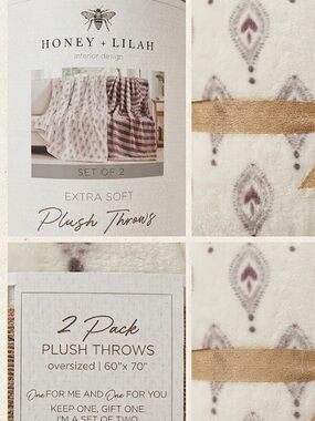 NWT Extra Soft Luxury Plush Throw Set in Cream and Brown (2-Pack) Honey + Lilah